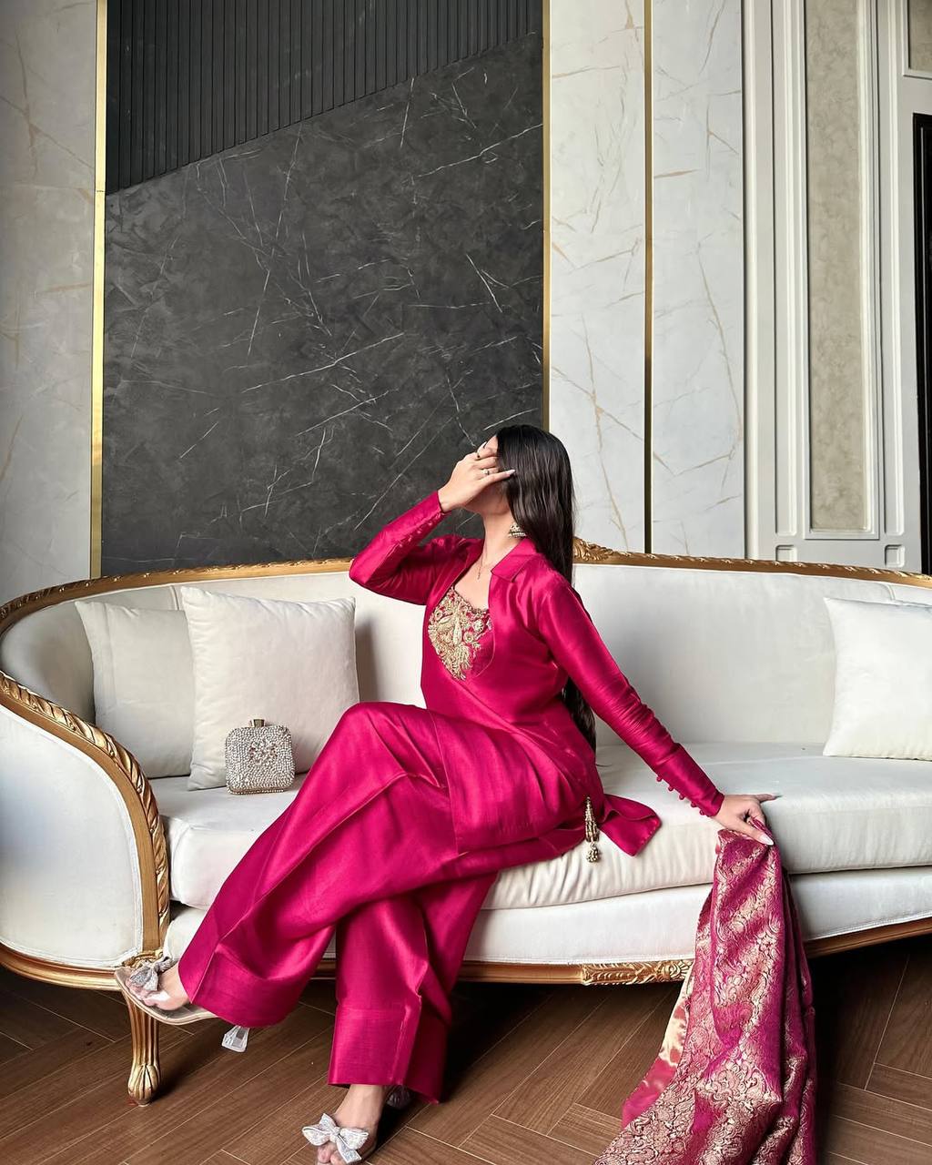 Regal Pink Peacock-Embellished Gala Suit